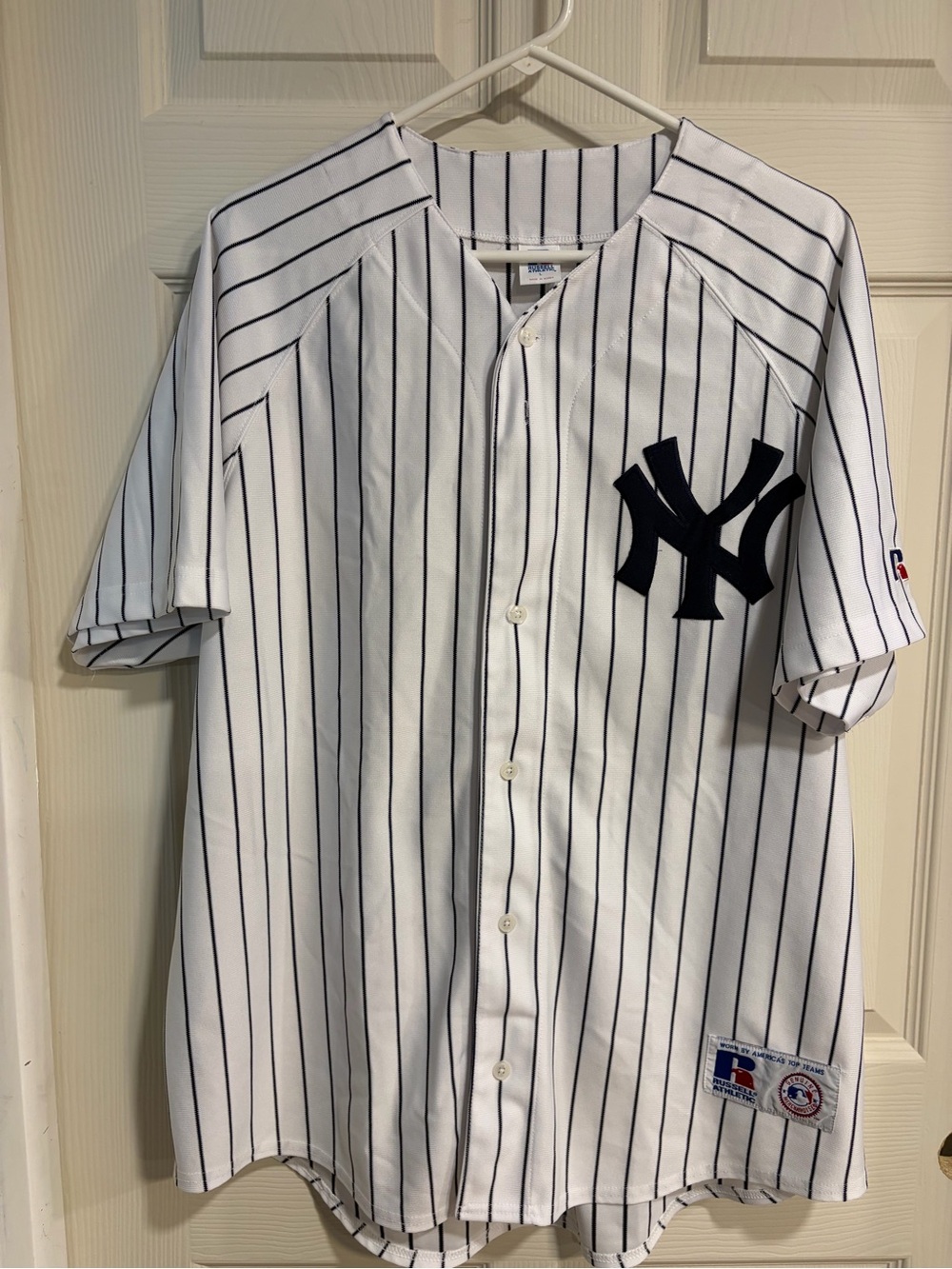 Russell Athletic White Navy Pinstripe New York Yankees Jersey